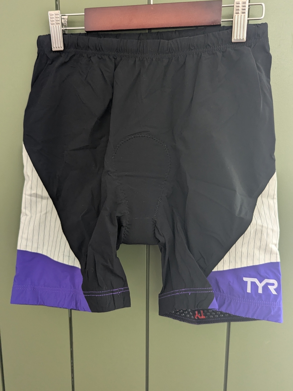 TYR Women's Black and Purple Cycling/Training Shorts with White Pinstripe Panels